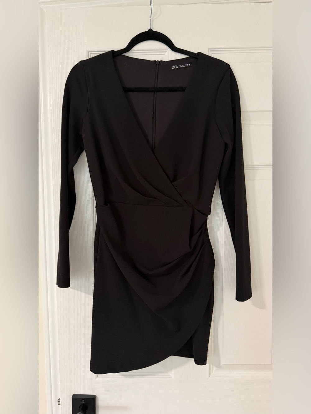 Zara Black Long Sleeve Draped Wrap-Front Dress